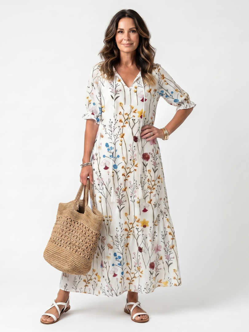 Botanical print midi dress with tassel tie, white base, short sleeves, gathered skirt