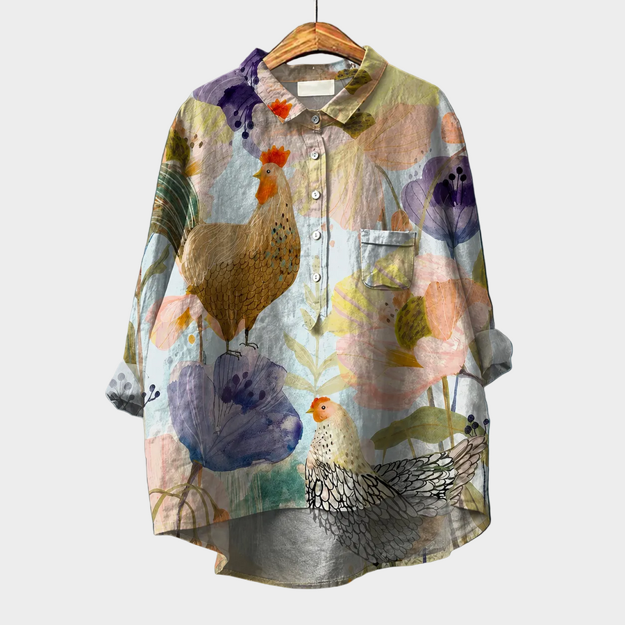 Blusa estiva leggera con colletto e bottoni, fantasia galli e fiori, maniche a 3/4