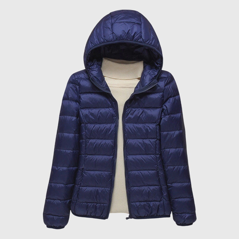 Ultra-light quilted hooded jacket with full-zip front, navy blue shade