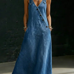 Blue sleeveless denim dress, V-neck with front buttons, wide skirt, long length