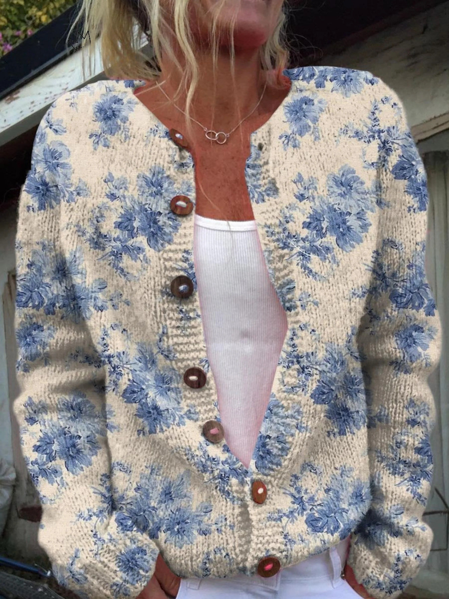 Vintage knit cardigan, cream with blue floral print, button-front, long sleeves