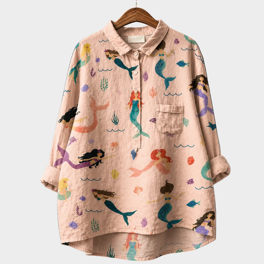 Blusa estiva leggera rosa con stampa delfini e bottoni, colletto e taschino sul petto