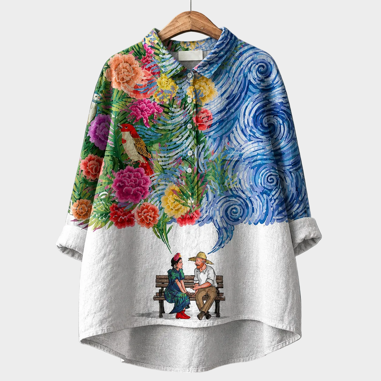 Blusa estiva Lucia bianca con stampa floreale e uccelli colorati, maniche larghe