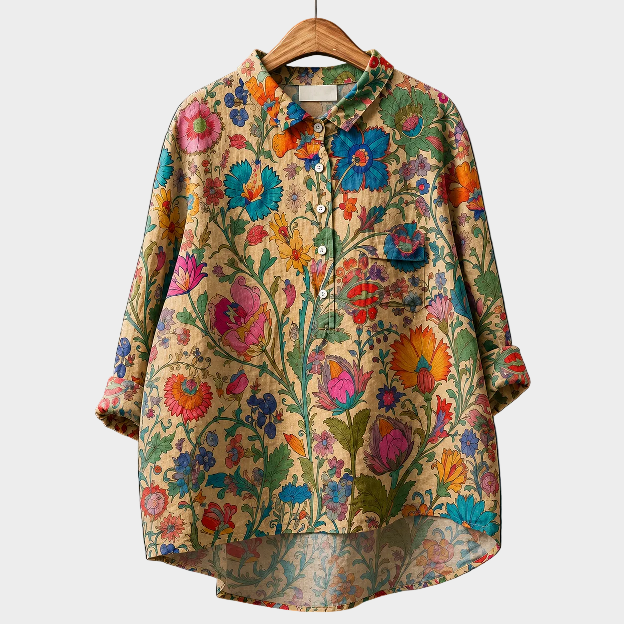 Blusa estiva in tessuto leggero, maniche a 3/4, stampa floreale multicolore, bottoni