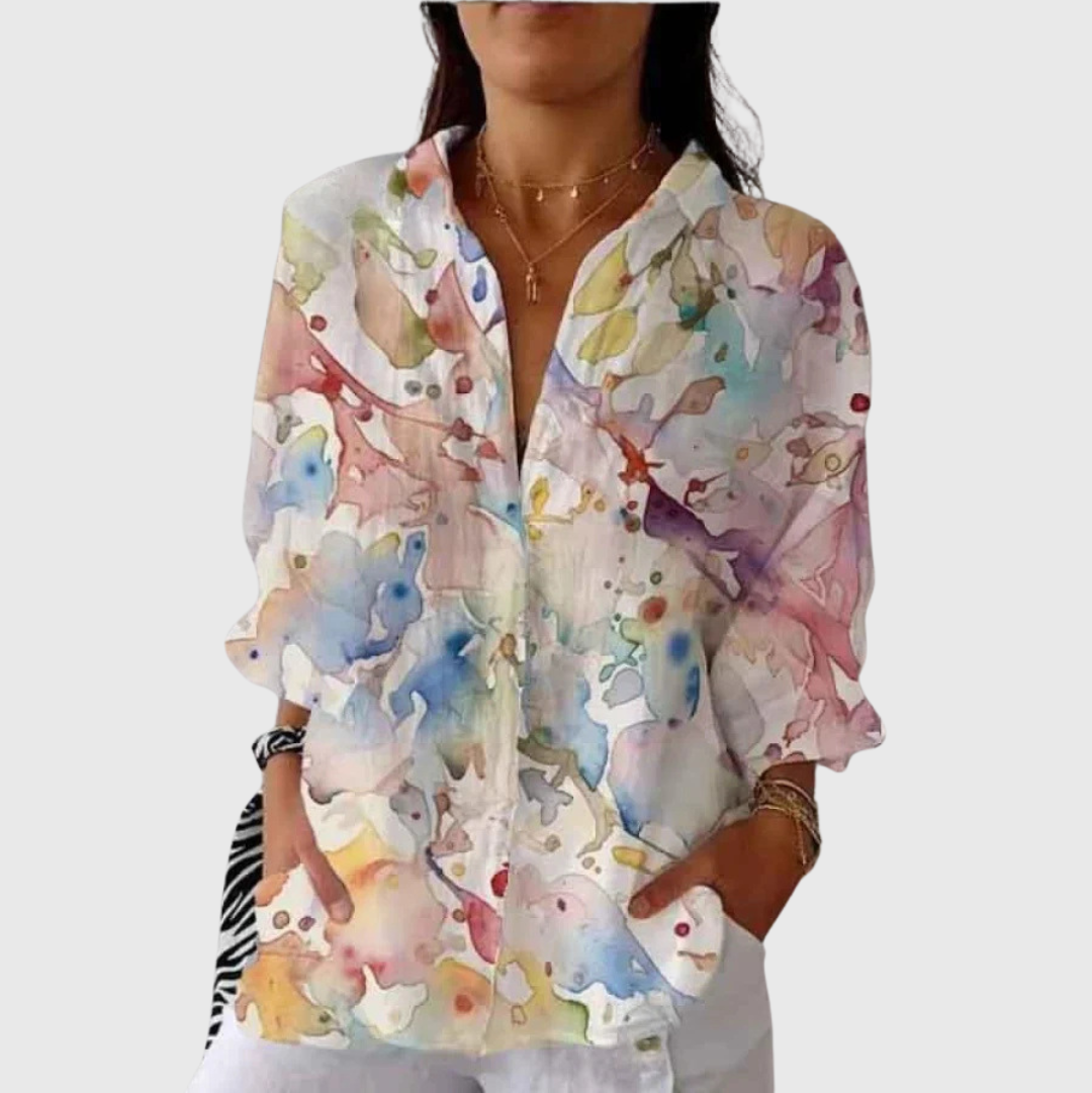 Blusa leggera multicolore con stampa watercolor e bottoni, collo a camicia