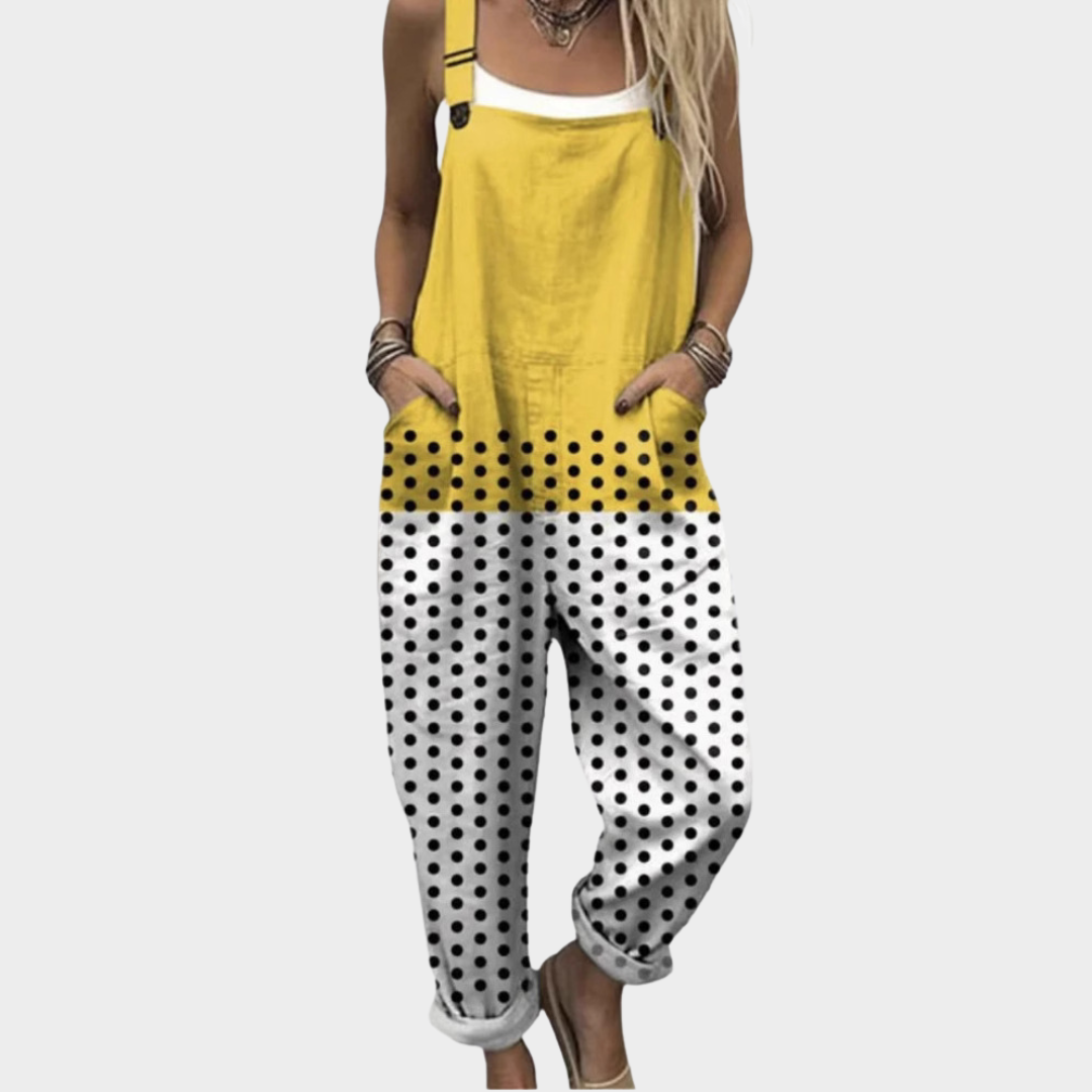 Yellow and black printed overalls with polka-dot legs and adjustable straps