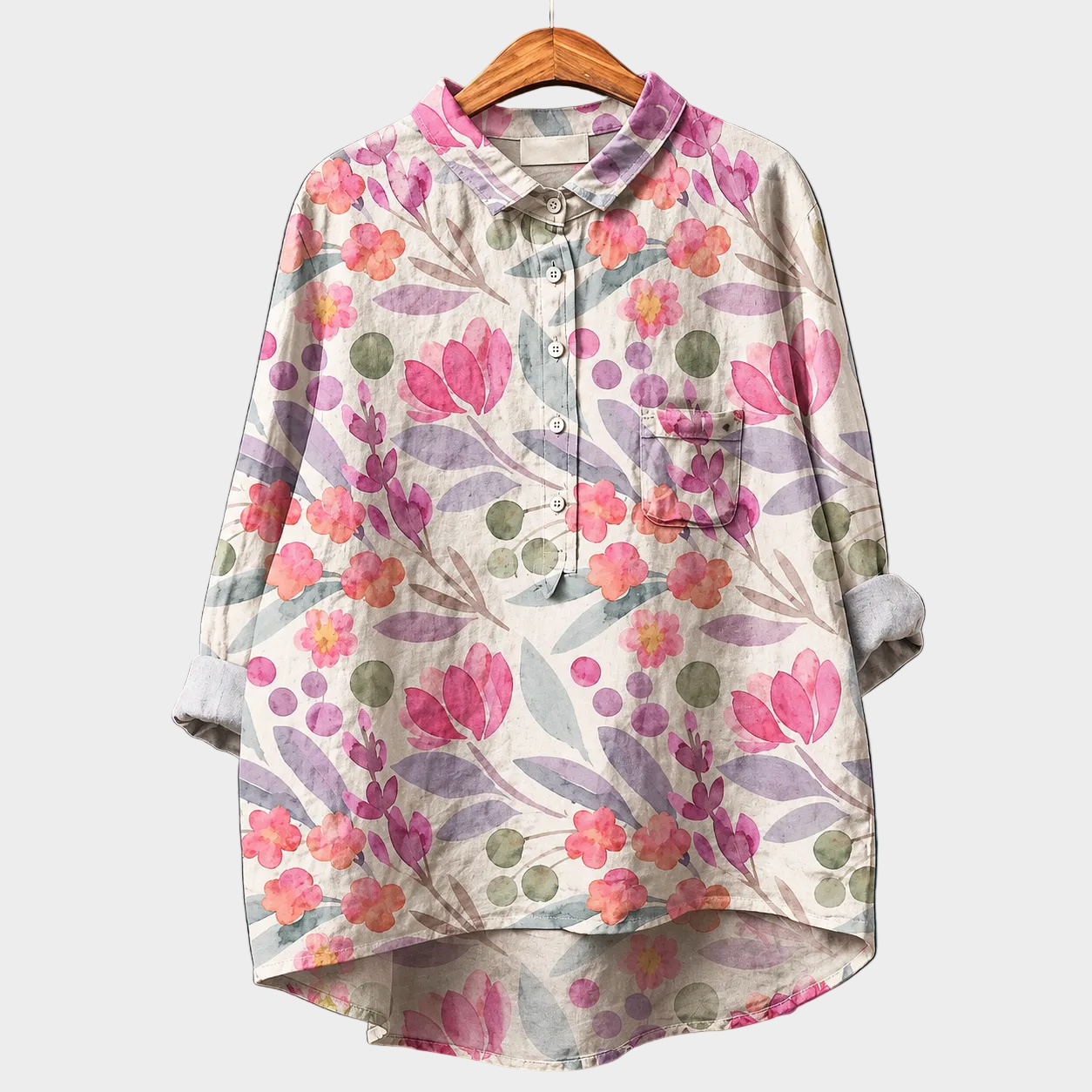 Blusa estiva a maniche lunghe con stampa floreale multicolore e bottoni