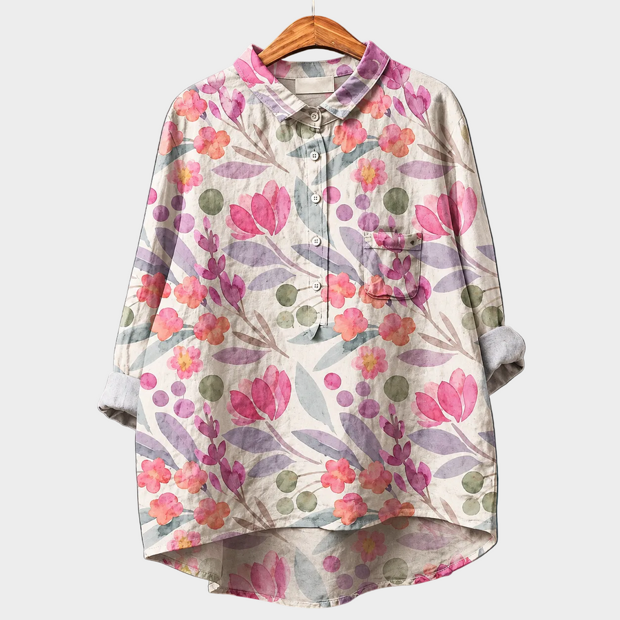 Blusa estiva a maniche lunghe con stampa floreale multicolore e bottoni