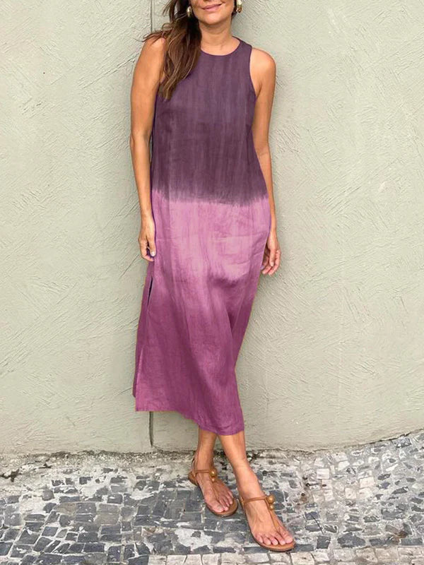 Abito lungo senza maniche con scollo rotondo, stampa sfumata viola e lilla