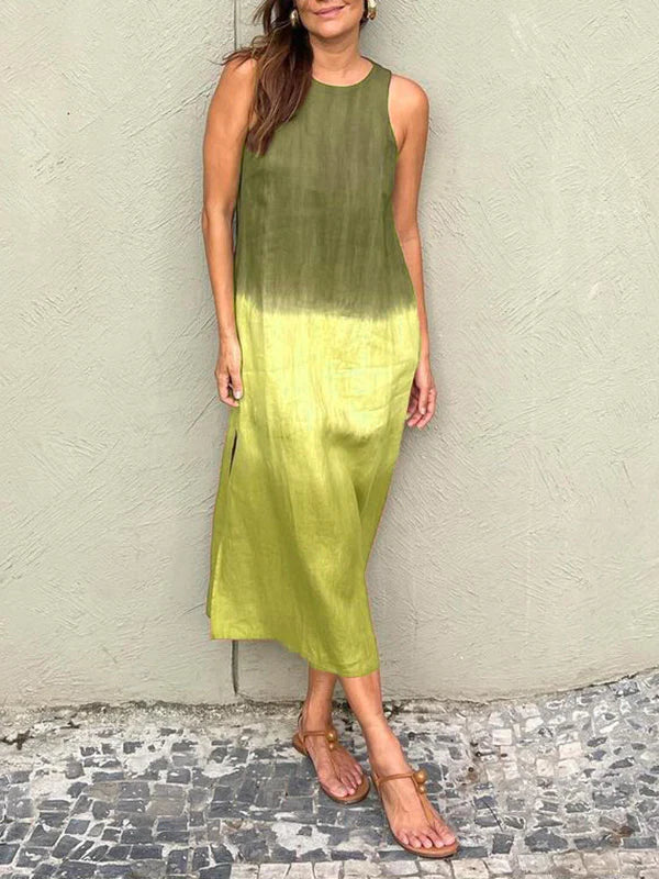 Abito lungo senza maniche con scollo rotondo, stampa sfumata verde e giallo