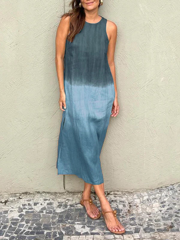 Abito lungo senza maniche con scollo rotondo, stampa sfumata blu e azzurro