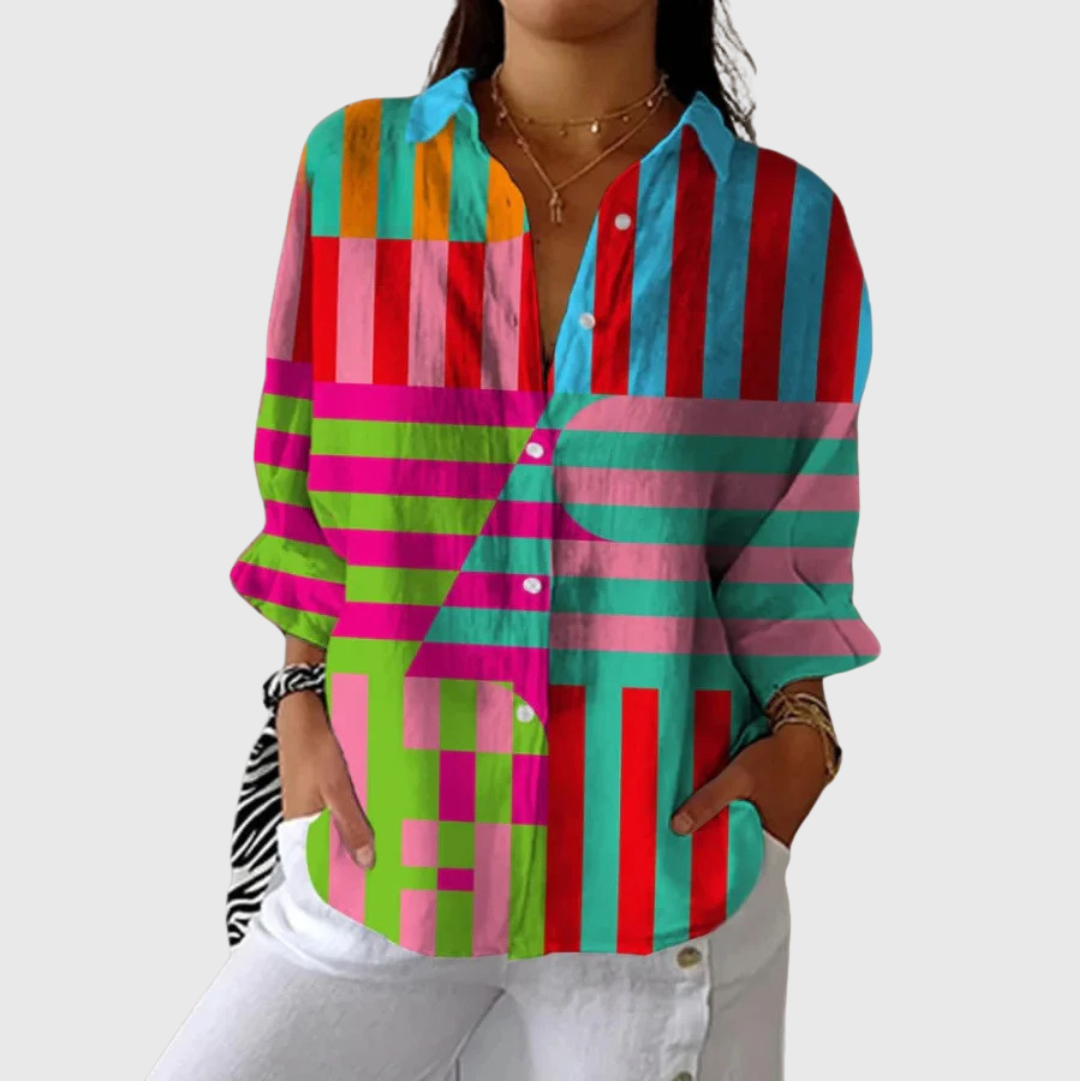 Blusa leggera a maniche lunghe con bottoni, righe multicolori e stampa a fantasia