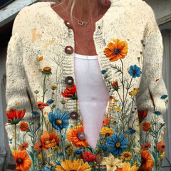 Cream cardigan sweater with vintage floral print, button-front and V-neck