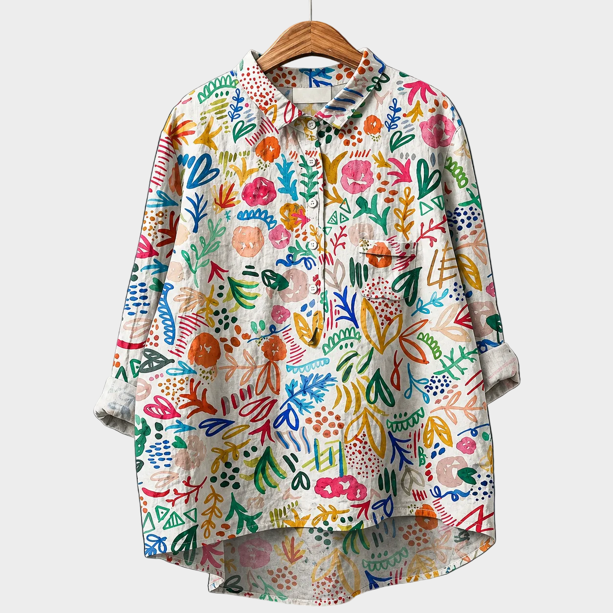 Blusa estiva in tessuto leggero bianco con stampa floreale multicolore e bottoni