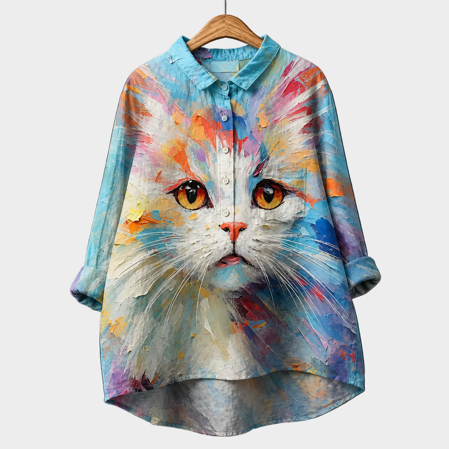 Blusa estiva maniche lunghe con stampa gatto multicolore e bottoni frontali