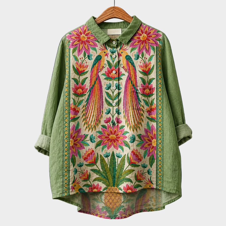 Blusa estiva verde con stampa floreale colorata e bottoni frontali, maniche lunghe