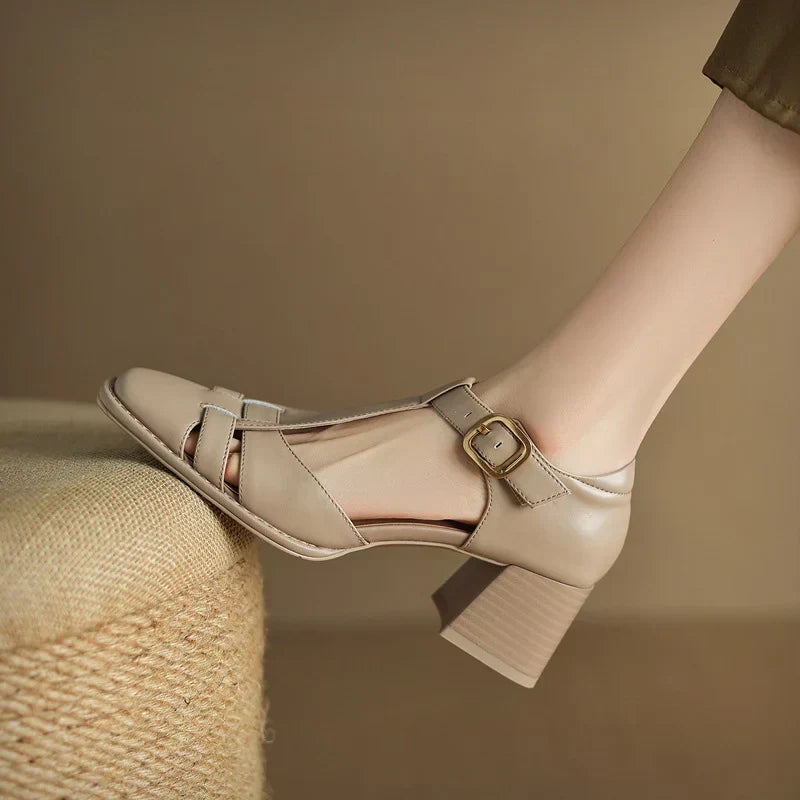 Square-toe summer sandals in beige with ankle strap and gold buckle block heel