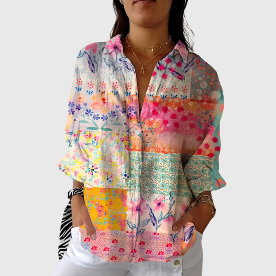 Blusa leggera multicolore con stampa floreale e maniche lunghe, scollo a V