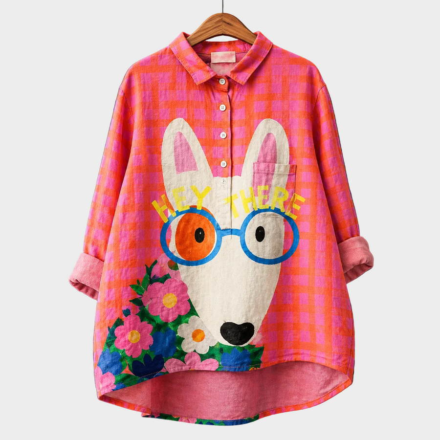 Blusa estiva a quadri rosa con colletto, bottoni e stampa coniglio con fiori