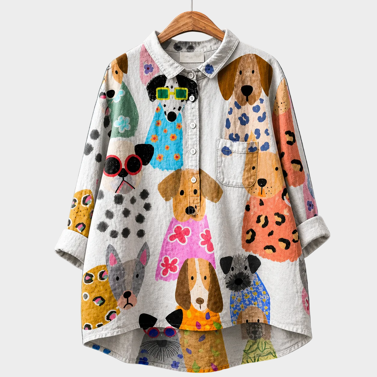 Blusa estiva con stampa animali colorata, colletto e bottoni, maniche 3/4