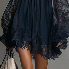 Navy off-shoulder lace mini dress, detailed hem with sheer lace overlay