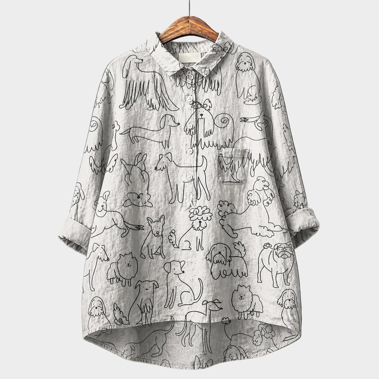 Blusa estiva grigia chiara con bottoni, colletto e stampa di animaletti