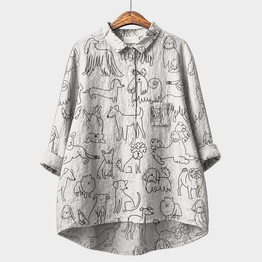 Blusa estiva grigia chiara con bottoni, colletto e stampa di animaletti