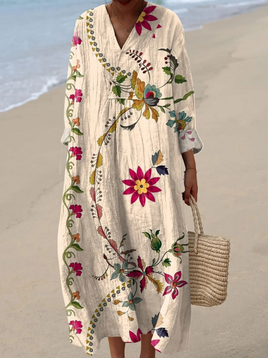 Boho maxi dress in cream with colorful floral embroidery, long sleeves, V-neck