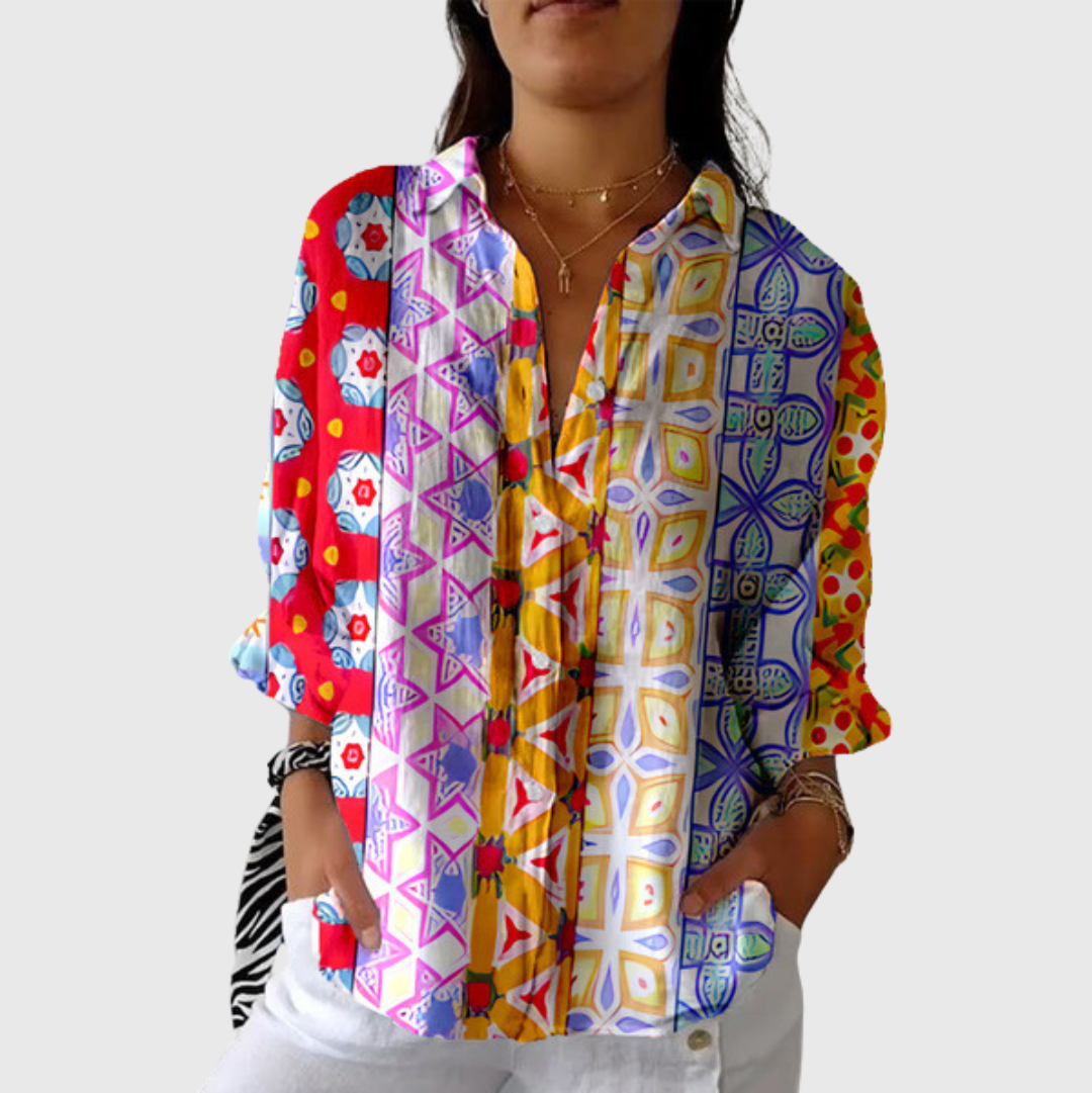 Blusa leggera multicolore con stampa grafica, maniche lunghe e colletto