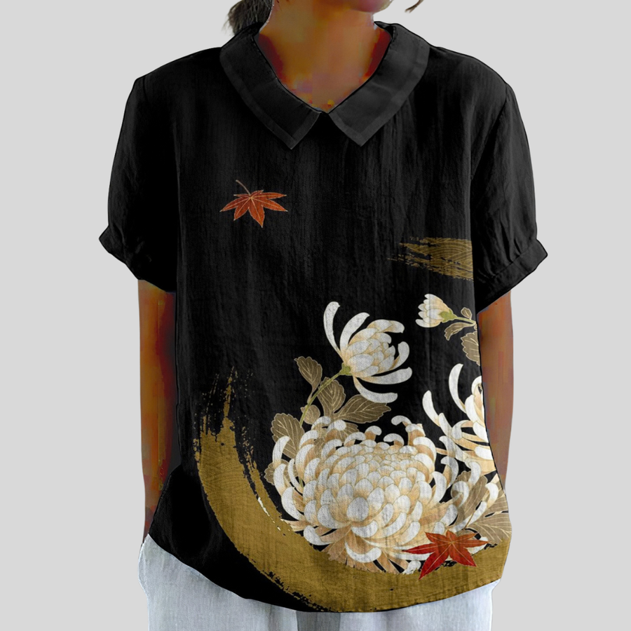 Top nero con scollo a camicia e ricamo floreale crema e rosso