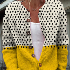 Vintage knit cardigan with black dot pattern, yellow cuffs/hem, button-front V-neck