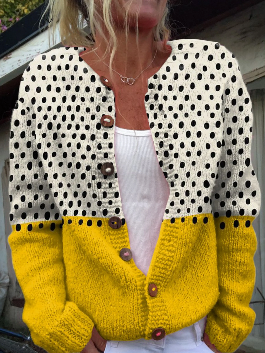 Vintage knit cardigan with black dot pattern, yellow cuffs/hem, button-front V-neck