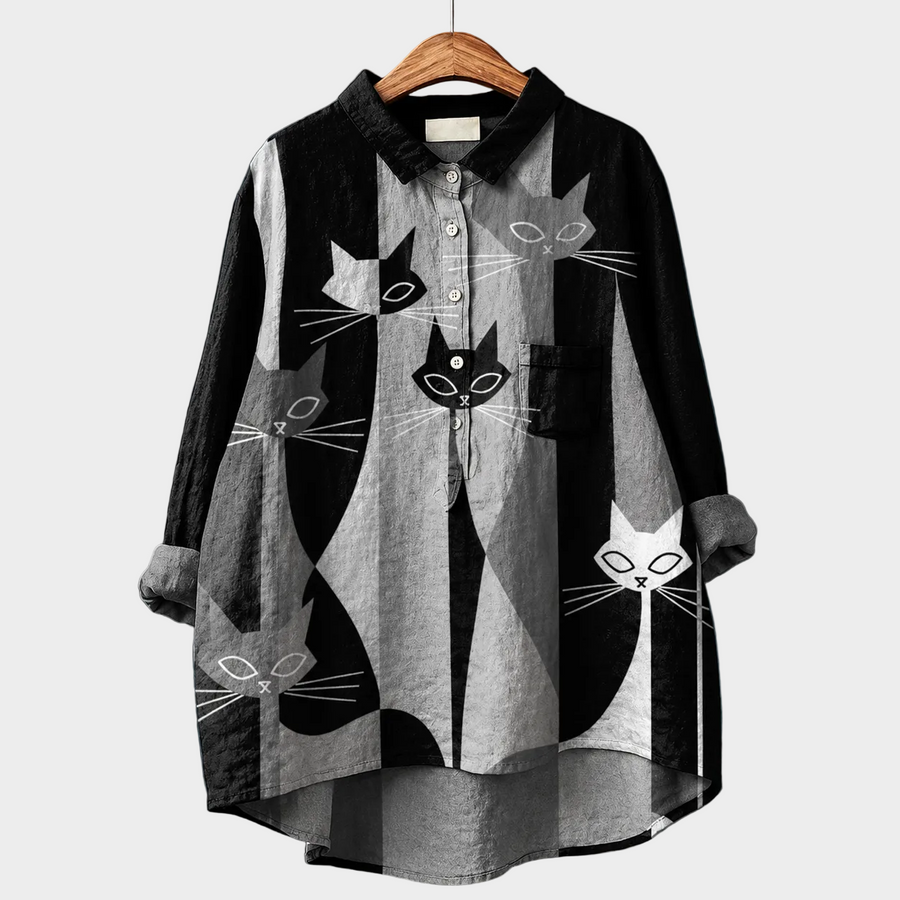Blusa estiva maniche lunghe con colletto, bottoni e stampa gatti nera/grigia