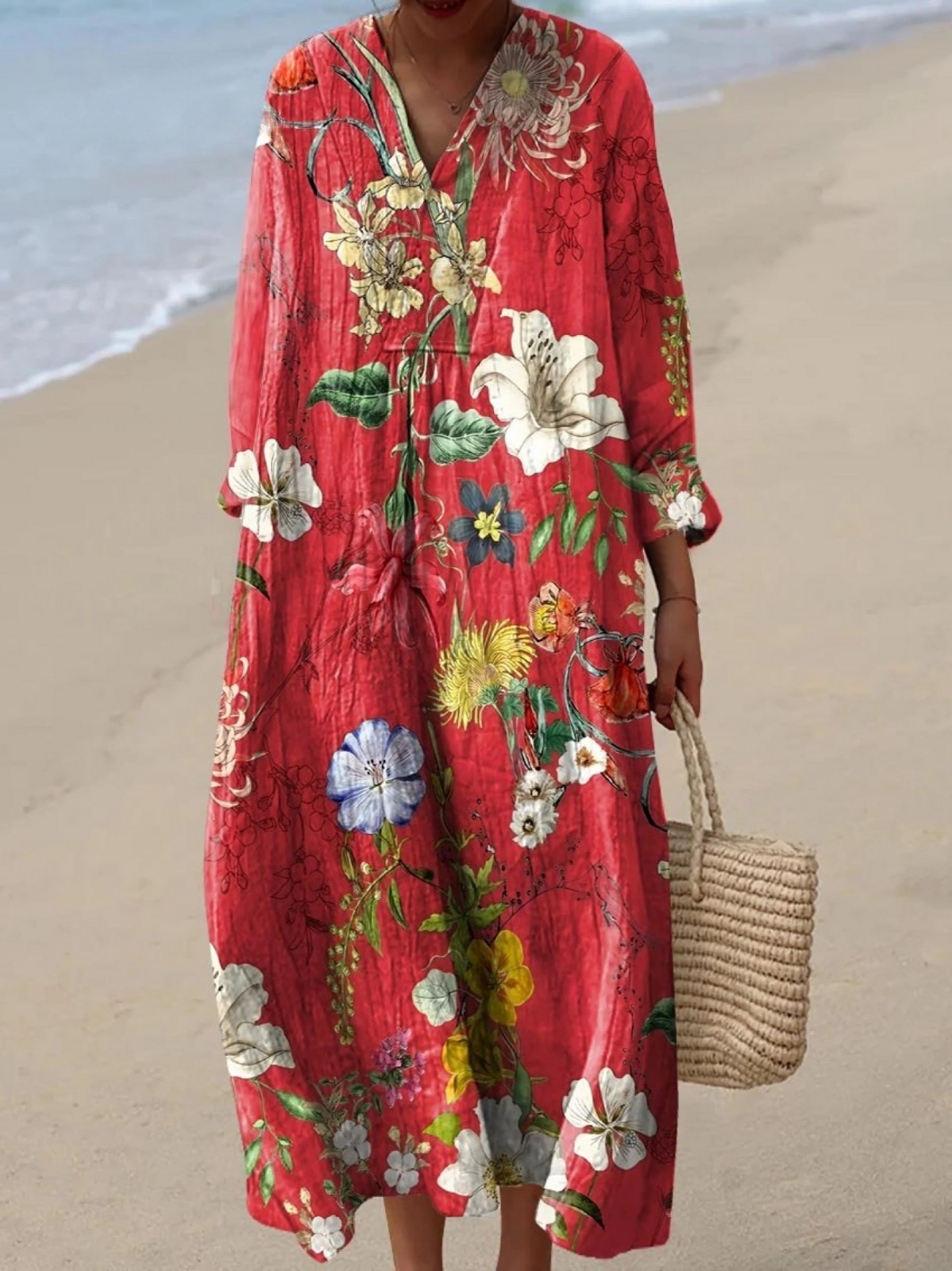 Boho maxi dress in red with large multicolor floral print, loose V-neck and 3/4 sleeves