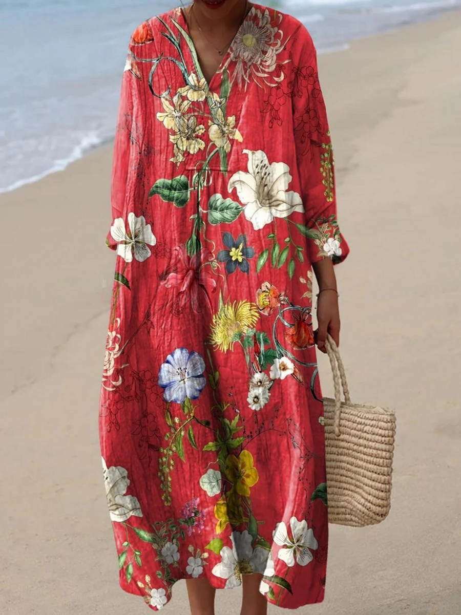 Boho maxi dress in red with large multicolor floral print, loose V-neck and 3/4 sleeves
