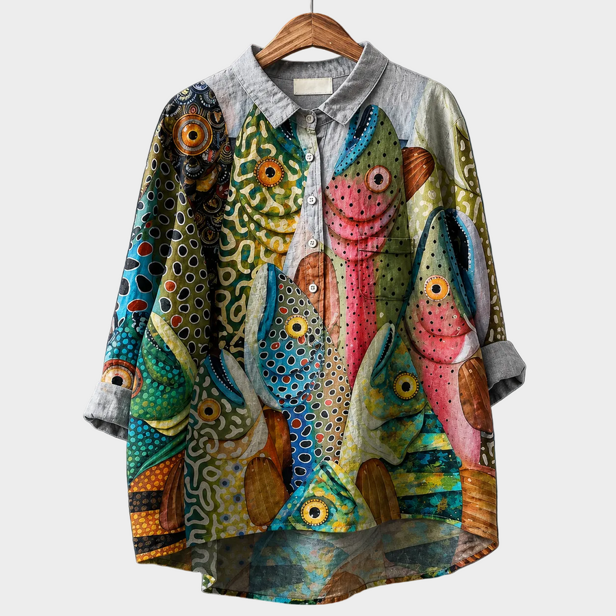 Blusa estiva da donna con stampa astratta multicolore e colletto, maniche lunghe