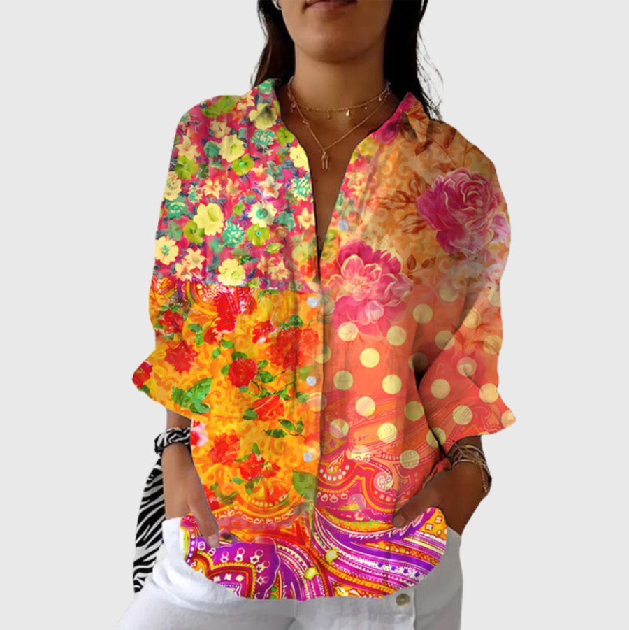 Blusa leggera multicolore con stampa floreale e pois, scollo a V e bottoni