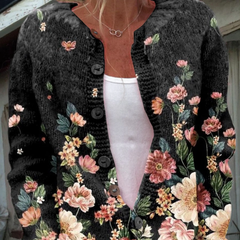 Black knit cardigan with vintage floral print, button-front and scalloped edges