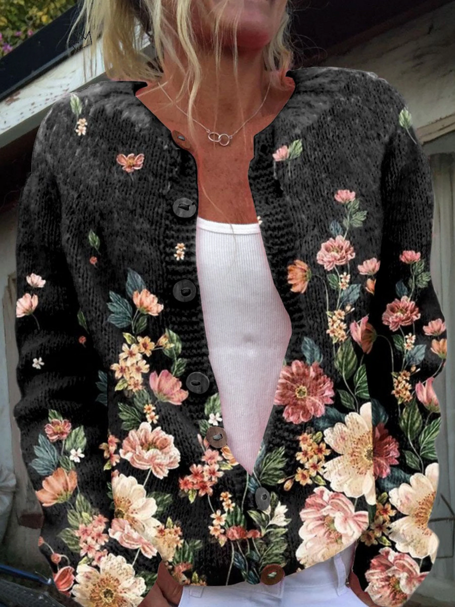Black knit cardigan with vintage floral print, button-front and scalloped edges