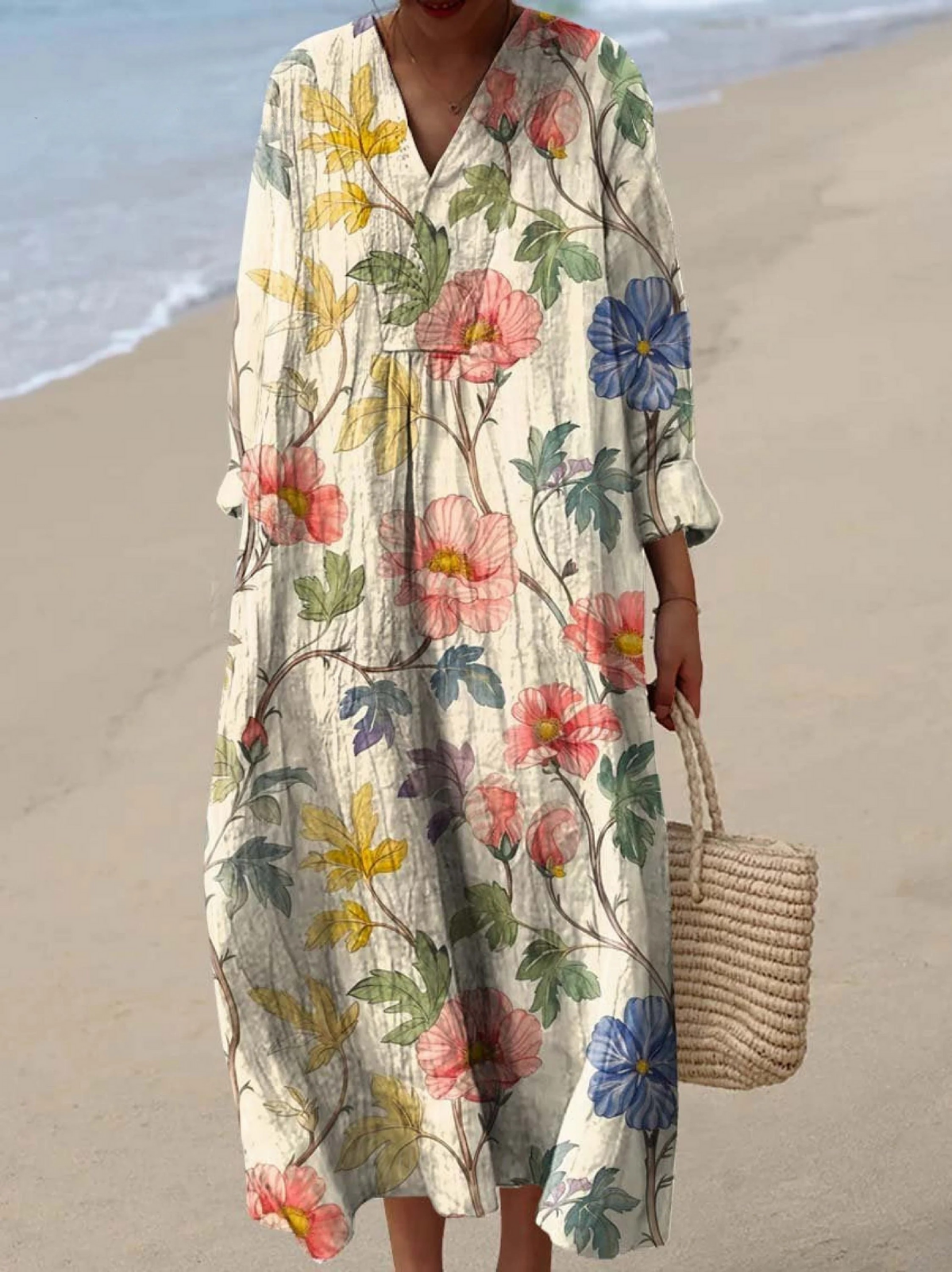 Boho maxi dress with floral print, V-neck, loose long sleeves