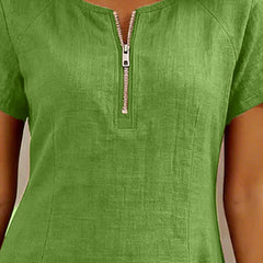 Abito in cotone verde: scollo con zip frontale e profilo a manica corta