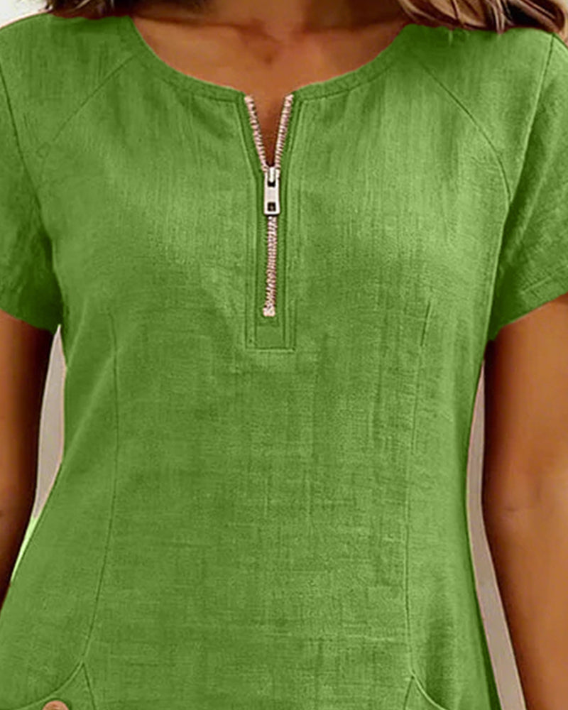 Abito in cotone verde: scollo con zip frontale e profilo a manica corta