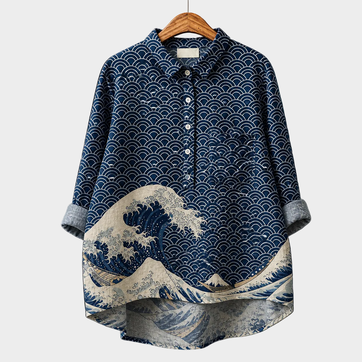 Blusa estiva elegante blu scuro a onde, colletto e bottoni, maniche 3/4