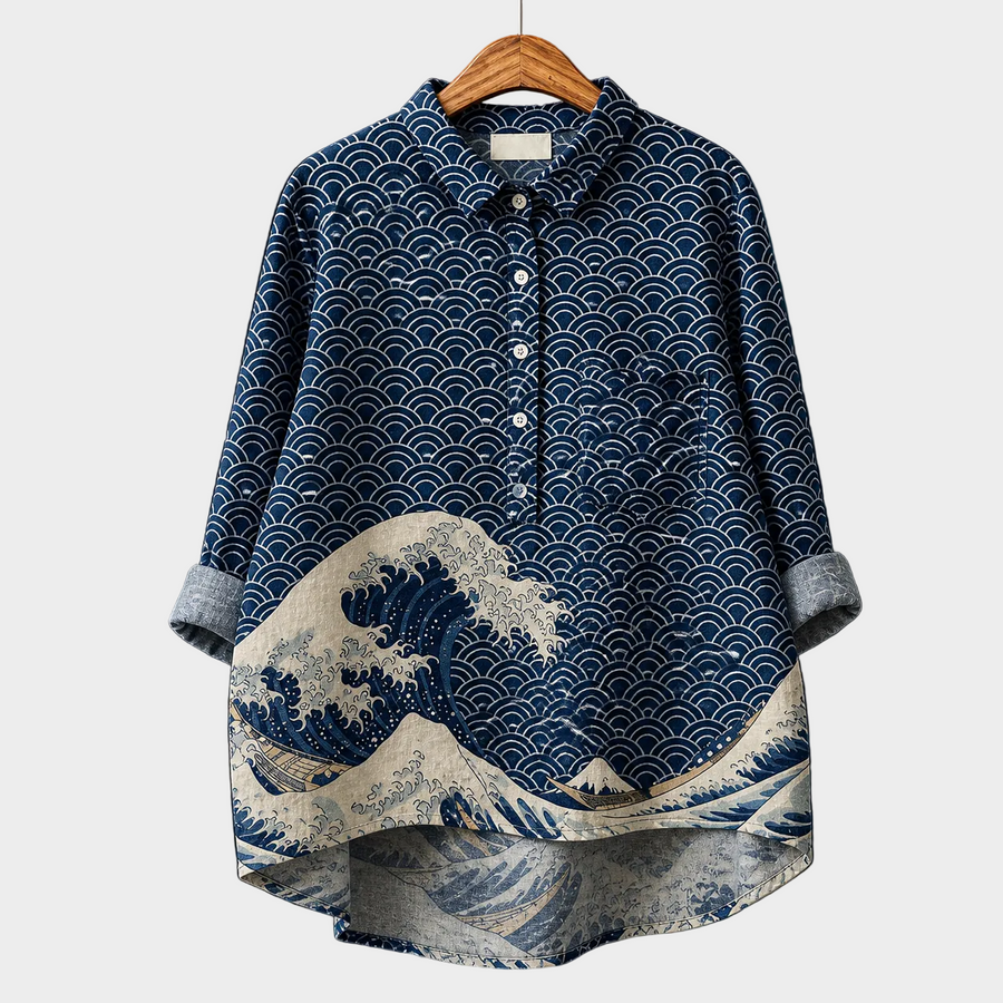 Blusa estiva elegante blu scuro a onde, colletto e bottoni, maniche 3/4