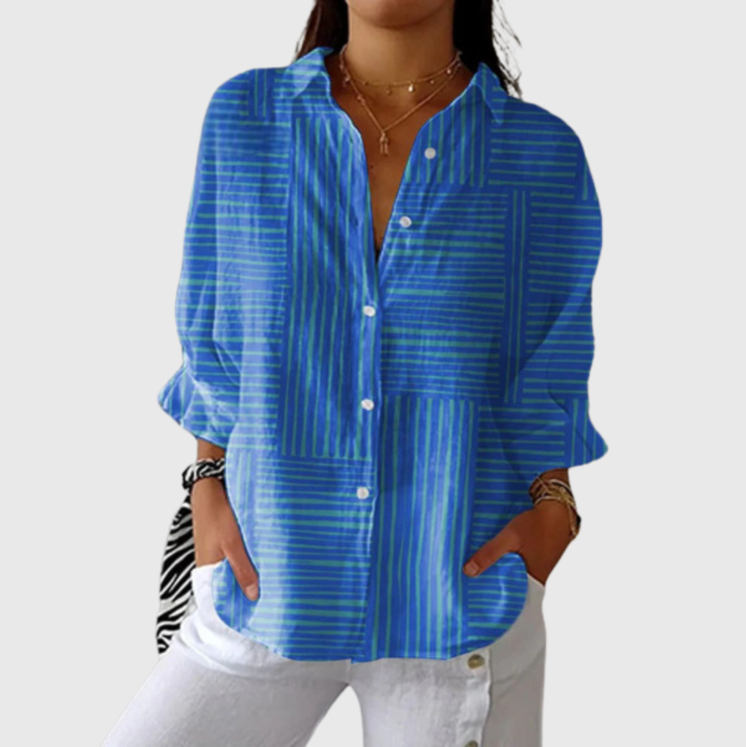 Blusa leggera stampata blu con motivo a righe sottili e bottoni frontali