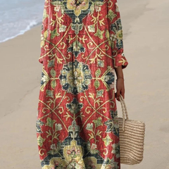 Boho maxi dress with long sleeves, V-neck, and red-green floral block print
