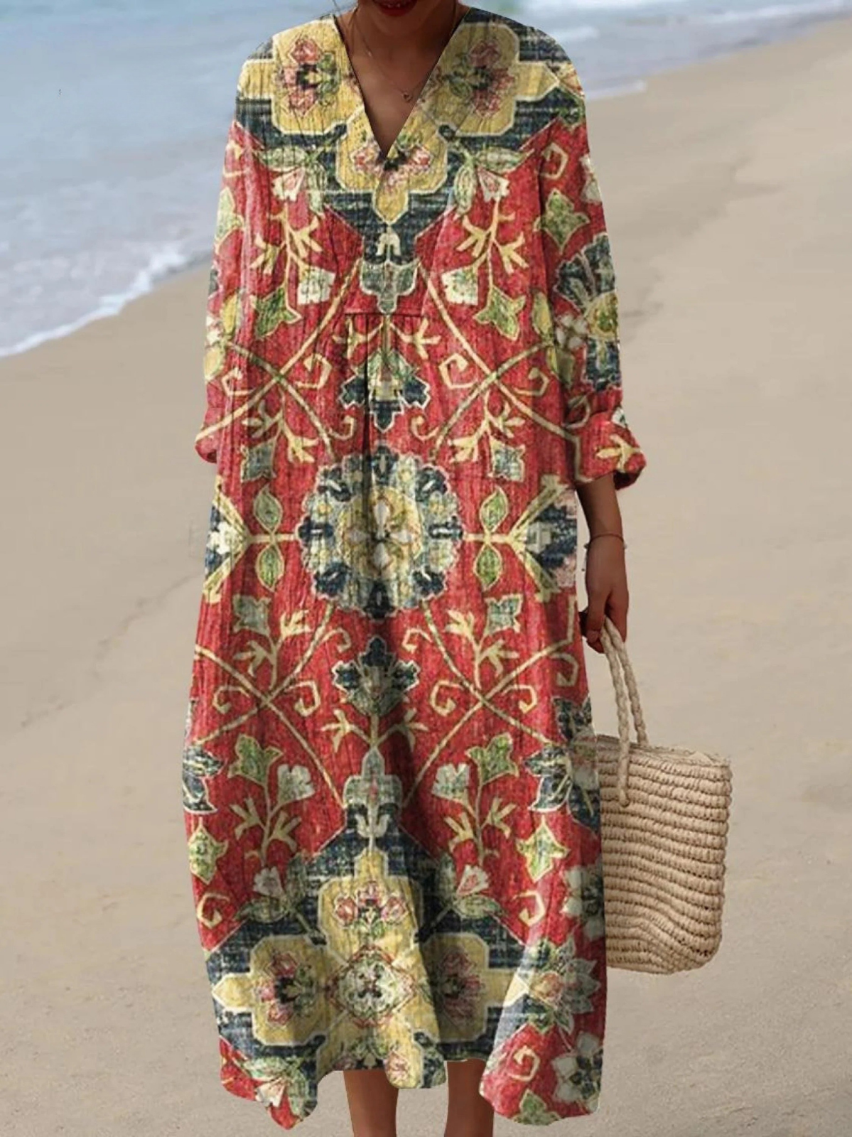 Boho maxi dress with long sleeves, V-neck, and red-green floral block print