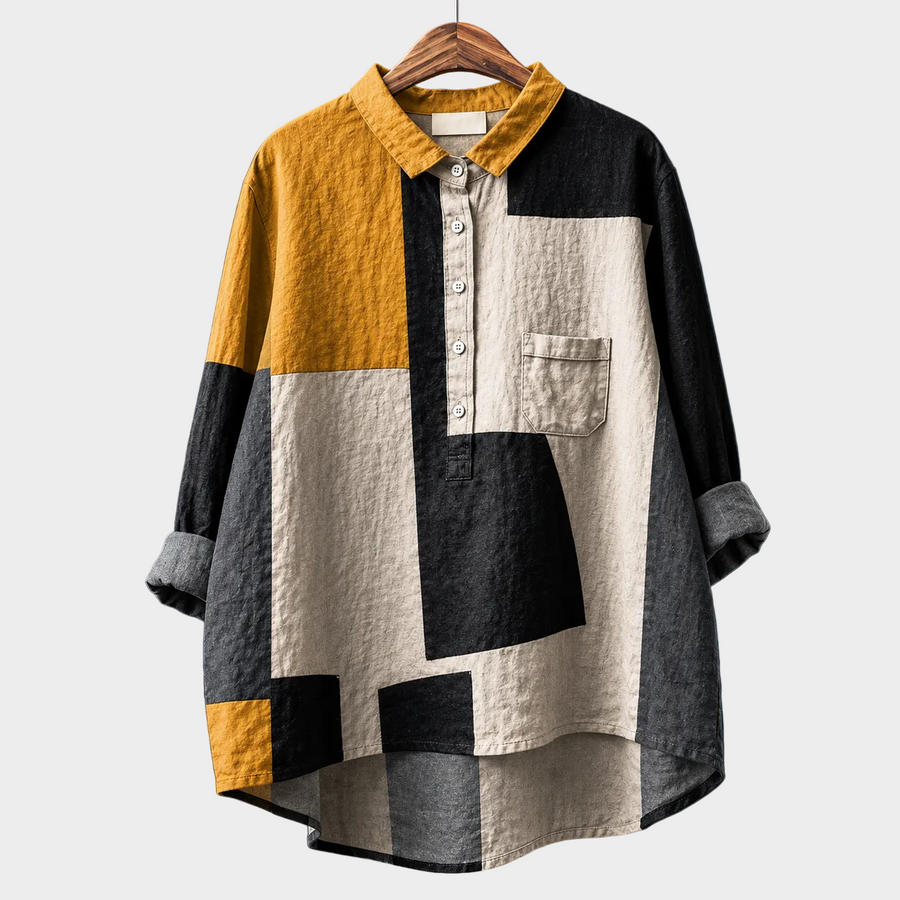Blusa estiva elegante a maniche lunghe con colletto, bottoni e fantasia a blocchi