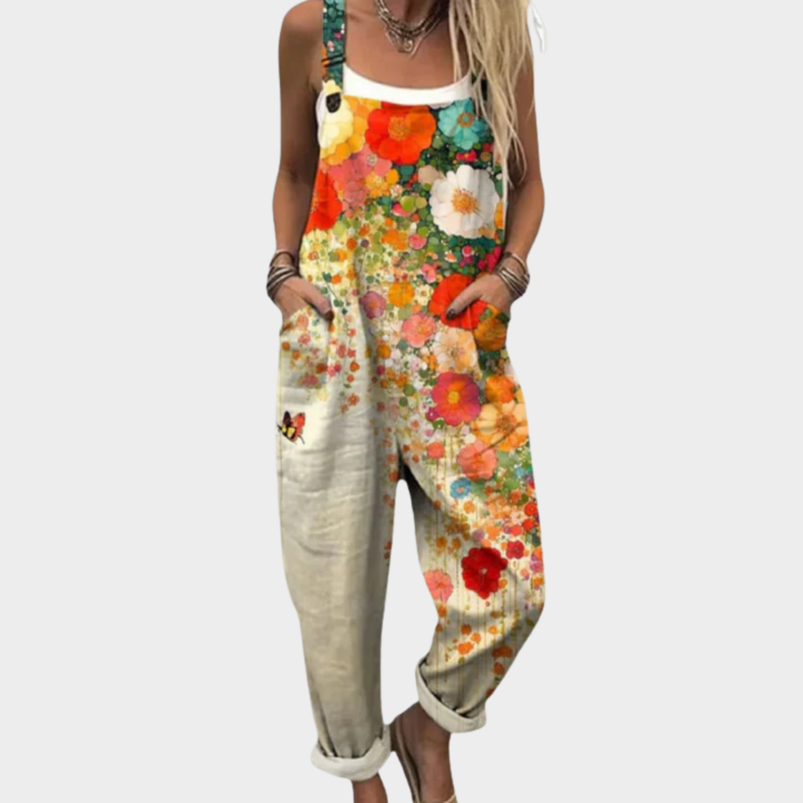 Multicolor floral printed overalls with bib straps and front patch pockets