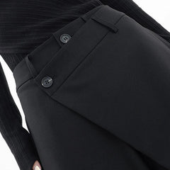 Pantaloni neri gamba ampia, chiusura con bottoni e patta frontale